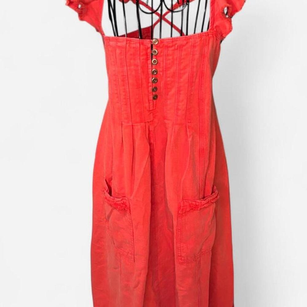 Anthropologie Pilcro Cotton Linen Flutter Sleeve Midi Dress Coral Orange XS